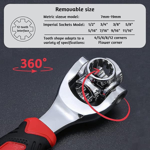 Universal Socket Wrench, 48 i 1 verktøynøkkel med 360 roterende hode og 7-19 mm universal multifunksjon