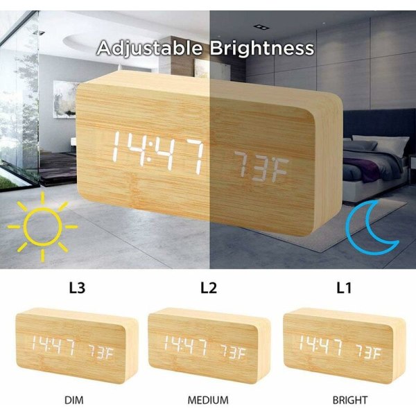 Träklocka Kreativ Digital Träklocka Elegant Multifunktionell LED Väckarklocka med USB-strömförsörjning Röststyrning - Bambuträ
