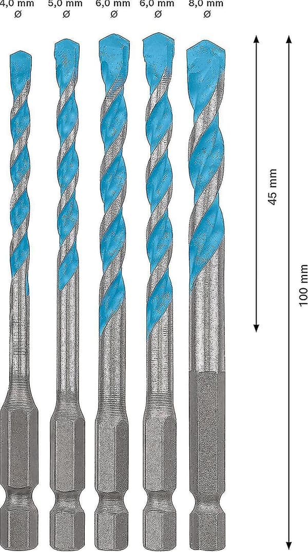 5x Expert Hex-9 Multiconstruction Bor Sæt (til Beton, 4-8 Mm, Hammerboremaskine Tilbehør)