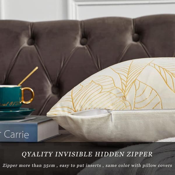 Kuddfodral 50 x 50 cm Sammet Guld Blad Kuddfodral Beige Kuddfodral Dekorationskudde för Soffa Sovrum Vardagsrum Set om 2