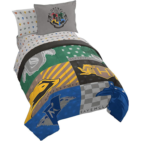 Jay Franco Harry Potter House Pride 5-delars tvillingset - Inkluderar täcke och lakanset - Sängkläder med Hogwarts-husen - Supermjukt, blekningsbeständigt