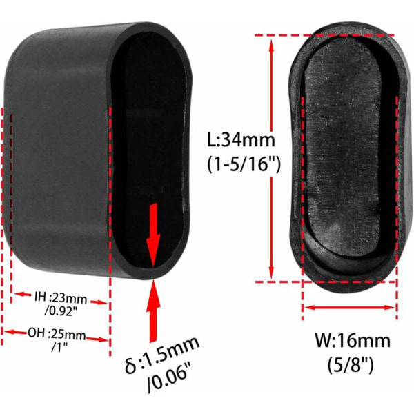 100 st hårda PP-stolar benkåpor golvskydd oval rektangel 16 x 34 mm (5/8\" x 1-11/32\") svart