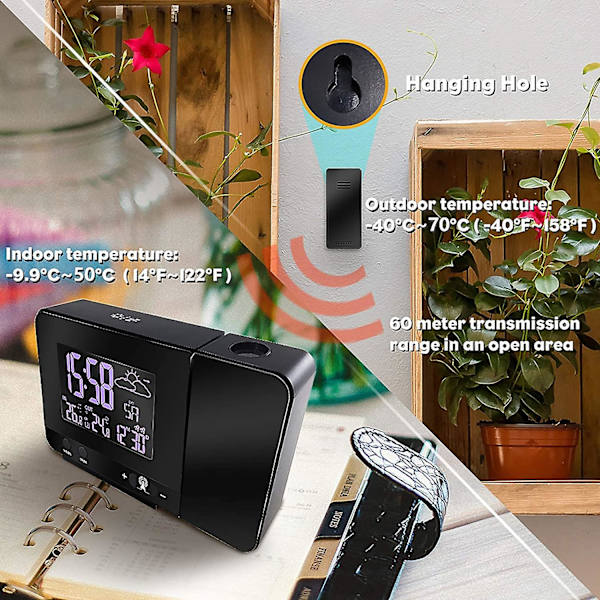 Digital Projektionsväckarklocka, Inomhus- och Utomhustemperatur, Väderprognos, 12/24H Dag Datum Visning, Snooze-funktion, USB-laddningsport, 8 Bakl