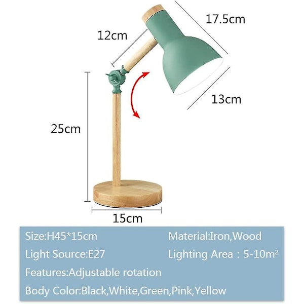 Bordslampa LED-läslampa i klassisk trädesign, med trägungor, E27 bordslampa, studie