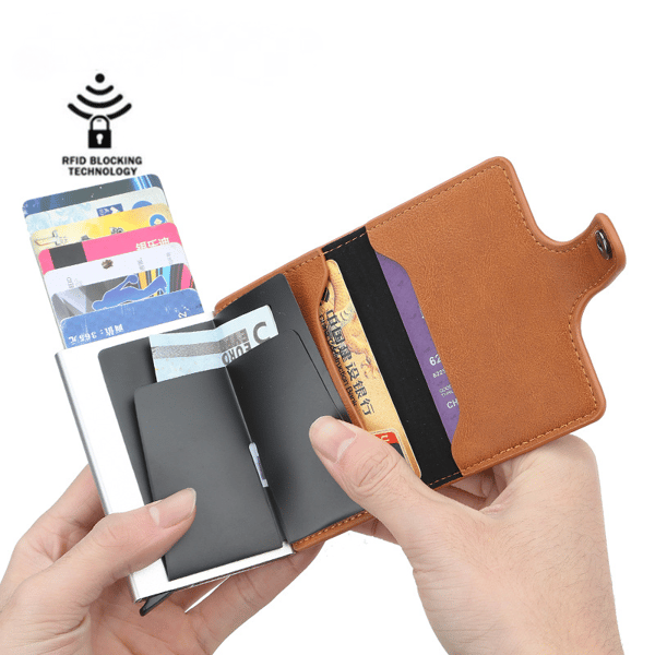 RFID NFC-skyddad plånbokskortfodral 5 kort (äkta läder) Brun