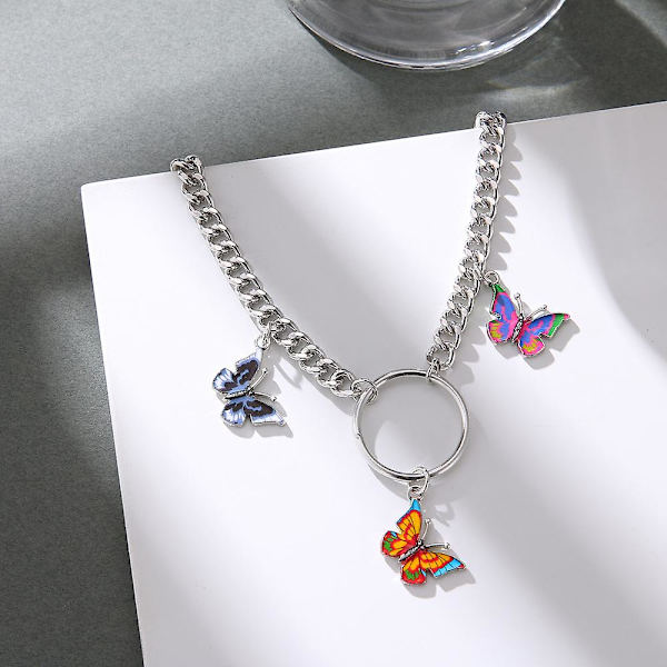 Trendig färgglatt fjärilshänge Temperament Cool Tjock kedja Halsband (silver)