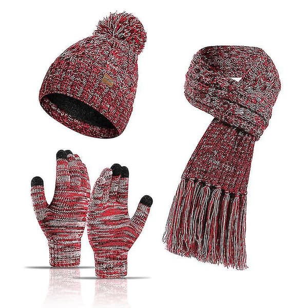 Dame Beanie Hat Halstørklær Touch Screen Handske Sæt Med Pompom Rose Red