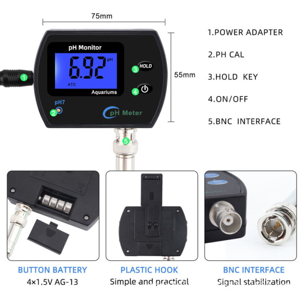 2-i-1 Digital pH-temperaturmätare Test Sensor Kit 014.0pH Mäter Automatisk Kalibrering