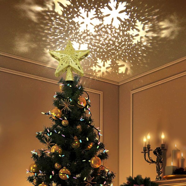 Julgran dekorerad med LED-snöflingasstjärnor, 2 i 1 3,75" Guldschalottenlök dekorerad julgran (guld)