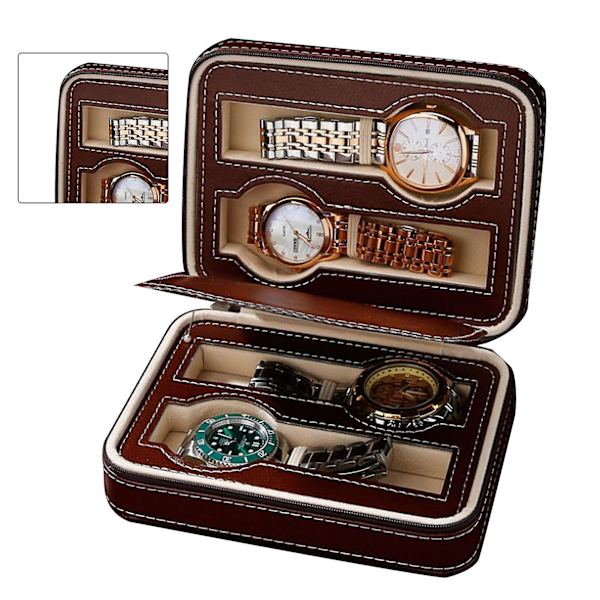 Urkasse Bærbar Lynlås Design Enkel Fashionabel Ur Opbevaring Oganizer Ur Etui Brun 4 Slots
