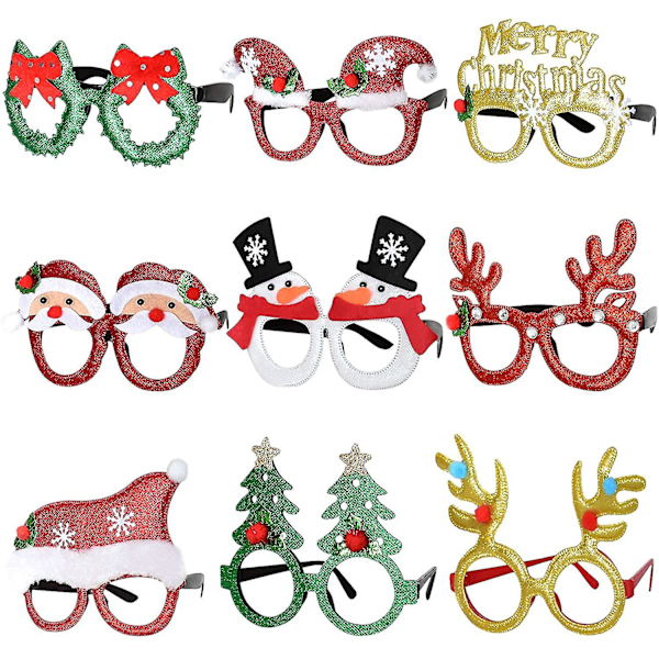 9-pack kreativa julglitterfestglasögon, nyhetsfestivalglasögon kostym för fotorekvisita, presenter, unisex roliga glasögon för semester, jul