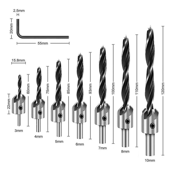 Set med 8 träborr - försänkta träborr - 7 borrstorlekar - 3 mm, 4 mm, 5 mm, 6 mm