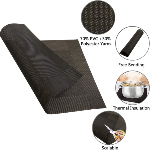 Svart varme- og flekkbestandig PVC-brikke, 6-pakning vaskbare vinylbordmatter for hjem, spisestue og kjøkken, 30 x 45 cm