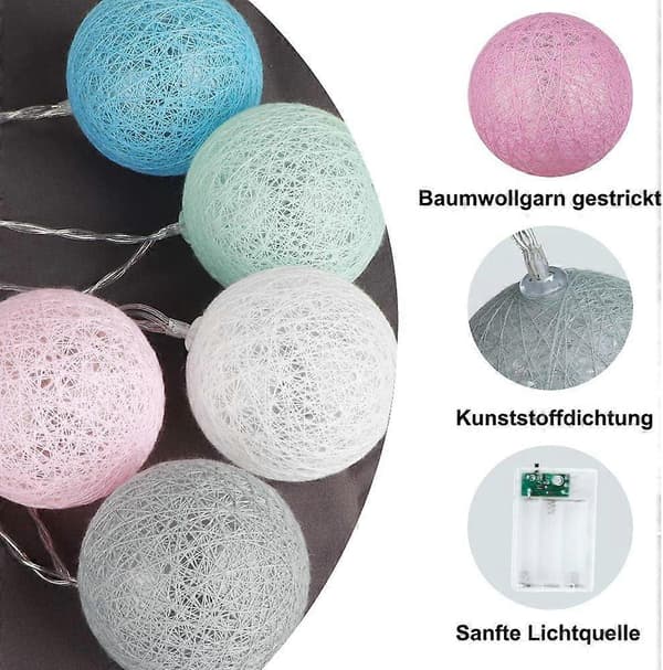 20-Boll Macaron LED Ljusslinga – 3M Bomullsbollar, Barnrum, Bröllop