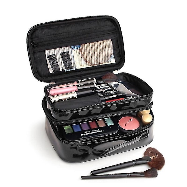 Kvinnor PU Makeup Väska Svart Dubbel Lager Vattentät Toalettväska Researrangör Kosmetika Väska