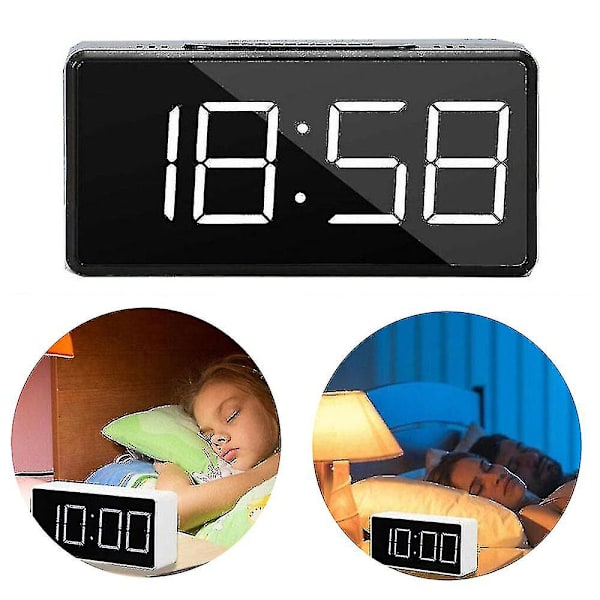 Digitalt LED-vækkeur med stort display, spejl, elektronisk vækkeur, tid (hvid)