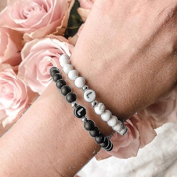 Sort Frosted Stone 26 Bogstaver Perle Navn Armbånd, Unisex Par Kærlighed Venskab