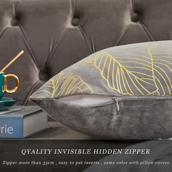Kuddfodral 45 x 45 cm sammet guld blad kuddfodral grå dekorativt kuddfodral prydnadskudde för soffa sovrum vardagsrum set om 2