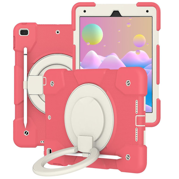 Fodral för iPad Air 10,2 tum 2019 2020 med axelrem, stort ringstativ, pennhållare, fallskydd（Rosa röd）