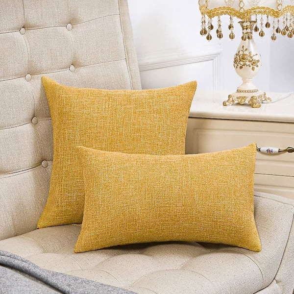 Set med 2 høstgule pynteputer i rustikt lin, dekorative pynteputer 12x20 tommer for sofa og sofadekorasjon