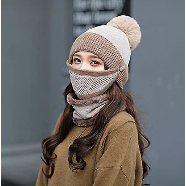 3-i-1 kvinders vinterstrikket hue cirkeltørklædesæt med aftagelig maske og nakkevarmer