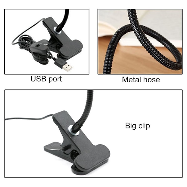 Klipsleselampe Boklampe USB Sengelampe med 3 Fargemoduser Dimmer Øyebeskyttelse Perfekt bruk i Nattlesing（Svart)