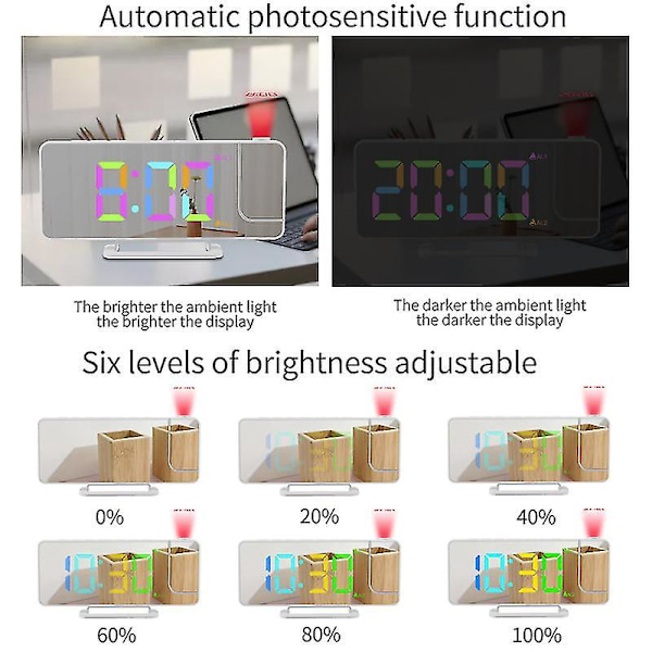 Skrivbord Kreativ Multifunktionell Elektronisk Väckarklocka Rgb Bländande Digital Klocka Led Stor Skärm Spegel Projektionsklocka