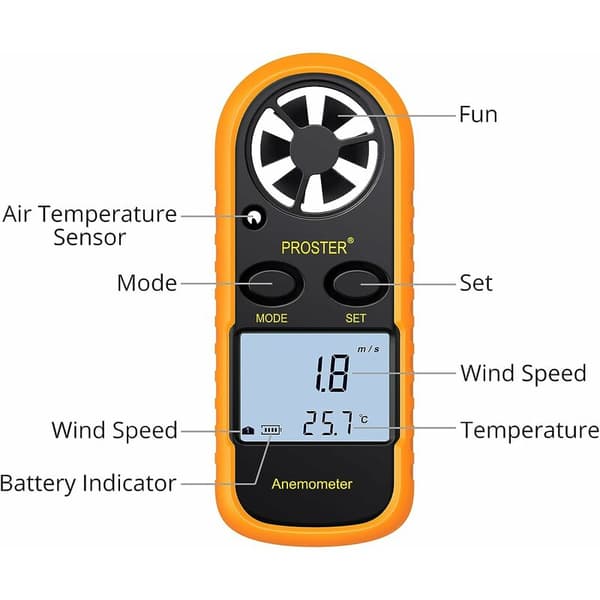 LCD Digital Anemometer, Vindhastighetsmätare, Luftflödesmätare Display, Bakgrundsbelyst Termometer
