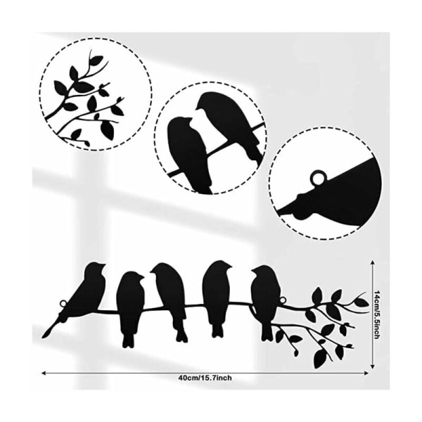 Väggdekoration i metall med fåglar och blad - Siluett av fåglar i metall - Väggdekoration (svart)