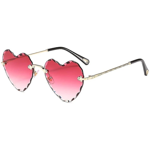 Heart Sunglasses Rimless Thin Metal Frame Heart Shaped Sun Glasses Cute Eyewear Uv400 For Women（Red)