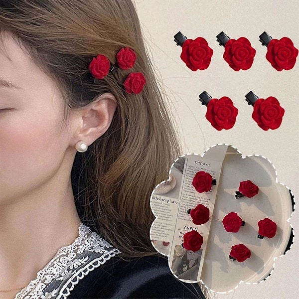 Retro Flocked Red Rose Hairpins/Girls Fashion Side Bangs Clip Hair Accessories（Som vist）