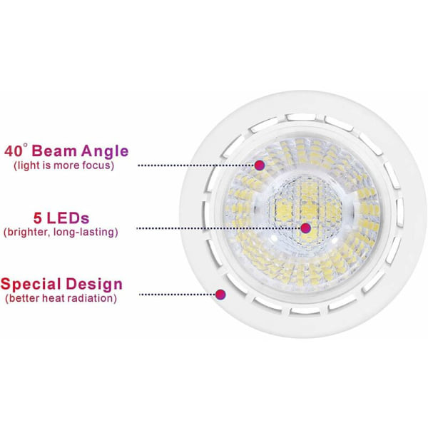 GU5.3 LED MR16-lampa, varmvit? 3000K, 5W motsvarande 50W halogenlampa, AC/DC 12V, 450lm, 40° vinkel, ej dimbar, 6-pack