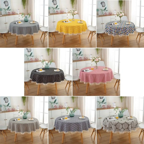 120 cm tofsgard duk, rund duk gjord av polyester bomull, för matbord, soffbord, trädgårdsbord (rött rutmönster)