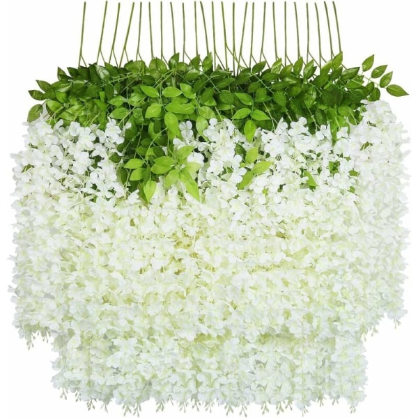 Konstgjorda blommor, 24 st Konstgjorda falska blåregn vinstockar hängande sidenblommor Dekoration för hembröllopsfest (24 st, 110 cm/varje tråd, vit)