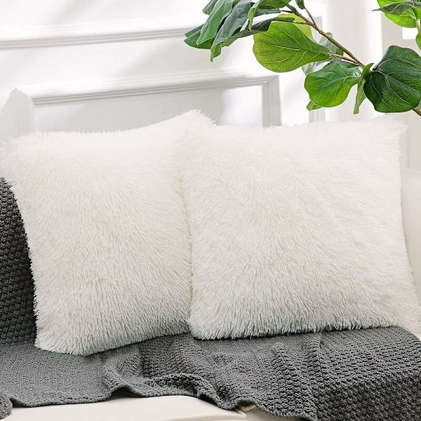 Lyxig mjuk konstgjord plysch kuddfodral Kuddfodral Vadderat kuddfodral Ingen kudde Vit 2-pack