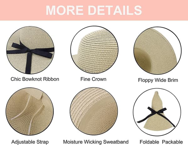 Dame Bredbremmet Solhatt av Halm, Floppy Foldable Roll Up Cap Sommer Strandhatter