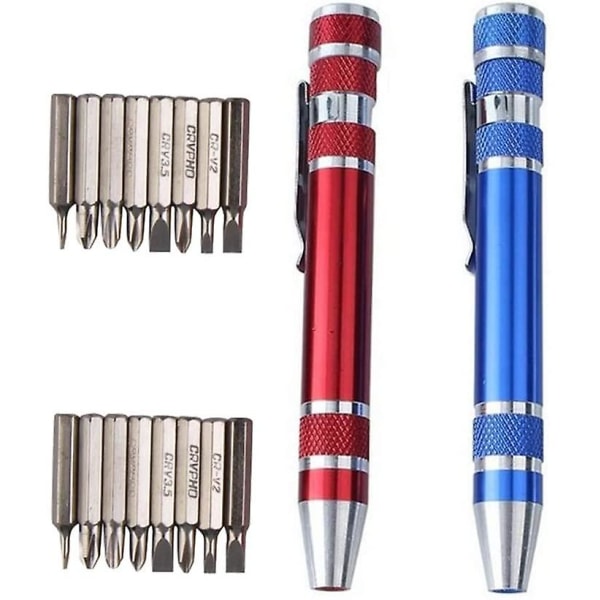 2 styks 8 i 1 præcisionsskruetrækkersæt, skruetrækkerbits, kuglepen med slidseret reparationsdesign (rød+blå)