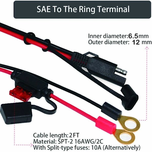 2 st SAE 2FT 12V 0,6 m SAE snabbkoppling ringsele, SAE hane till O-ring startkabel, 2-polig snabbkoppling förlängningskabel, 2 x 10A säkringar