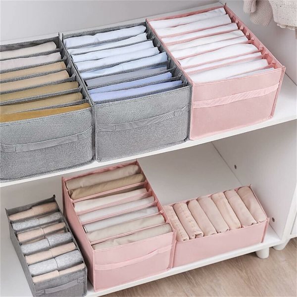2-pack garderobsarrangör för jeans, t-shirts, lådor, kläder, byxor, sovrum, garderob, teleskopisk artefakt (nio fack, grå)