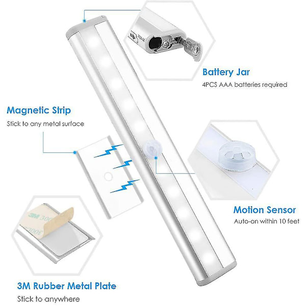 3-pakks oppgradert USB-oppladbar 10 LED magnetisk bevegelsessensorlys