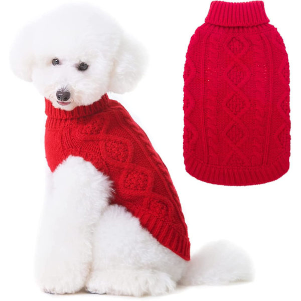 Dog Knitted Sweater - Turtleneck - Classic Chunky Knit Dog Sweater Coat Autumn Winter Warm Sweater Set for Dogs and Cats, Red