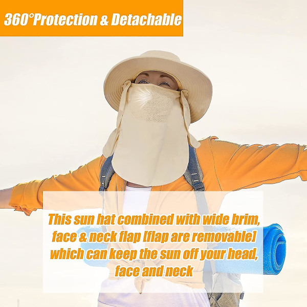 Fiskehatt for menn og kvinner, utendørs Uv-solbeskyttelse Hatt med bred kant med ansiktsdeksel og nakkeklaff（beige）