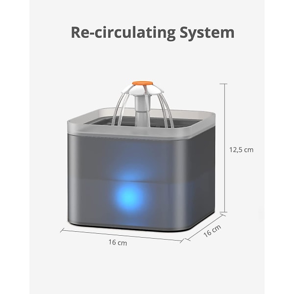 Nicrew 2l katt- och hundvattenfontän, tyst kattvattendispenser med utbytbart filter, grå