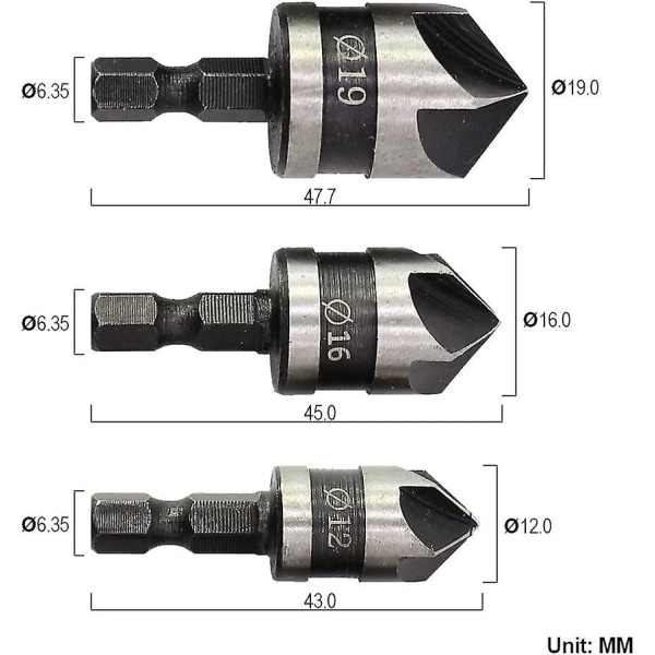 3st 1/4" Hex Hcs försänkning 5 flöjtborr för försänkning diskbänk försänkning 12mm/16mm/19mm för trämetall