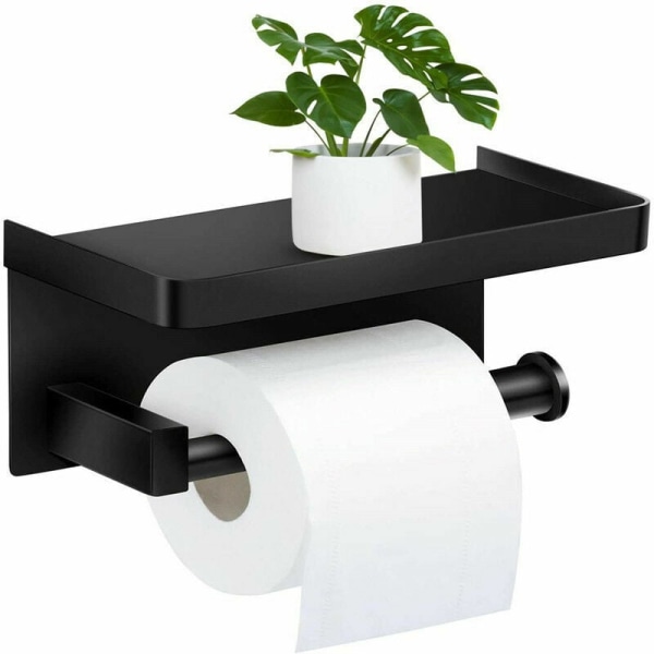 Toalettpappershållare, rullpappershållare Ingen borrning Toalettpappershållare, pappersautomat med hylla, självhäftande lim och badrumsvägg (svart)