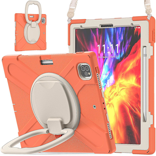 Nytt deksel for iPad Pro 12,9 tommer 2020 med skulderstropp, roterende stativ, pennholder (koralloransje)
