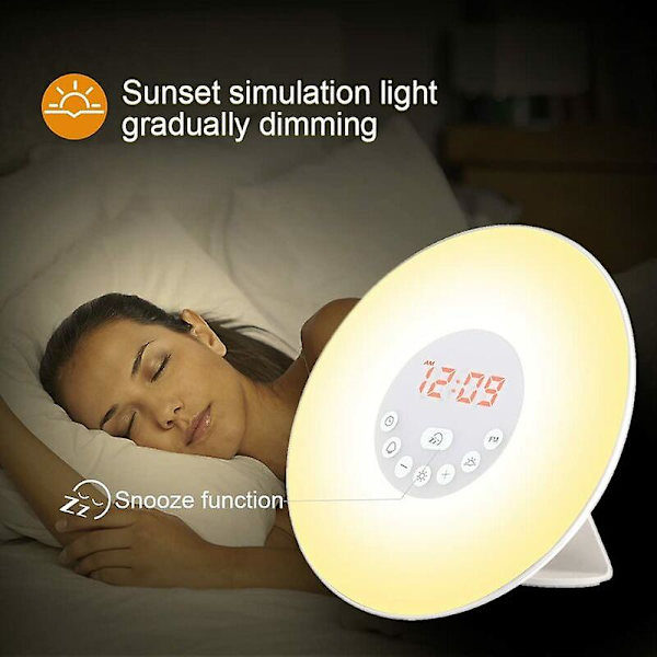 Radiovækkeur Lys LED Sengetidslampe Touch Control Solopgang og Solnedgang Simulation 10 Lysniveauer, Snooze, 6 Naturlyde, 7 Farver Nattelys F