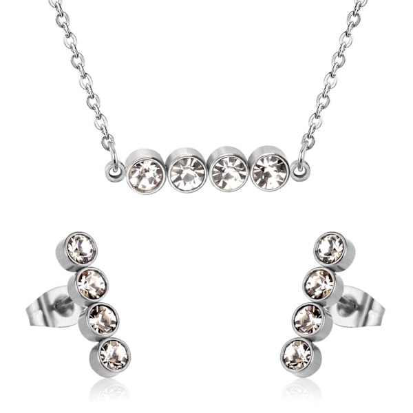 Four Round Frames With Diamonds Forming A Straight Pendant Necklace And Earrings Set Silver