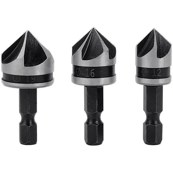 3 st 1/4\" Hex Hcs Fasavskärare 5 Flöjt Borr Bits Fasavskärare Sänksänk 12mm/16mm/19mm För Trä Metall