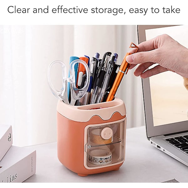 Pen holder, blyantholder, skrivebord pen holder, oransje tegneserie søt gris skrivebord oppbevaring pen holder arrangør kontormateriell multi-grid oppbevaringsboks